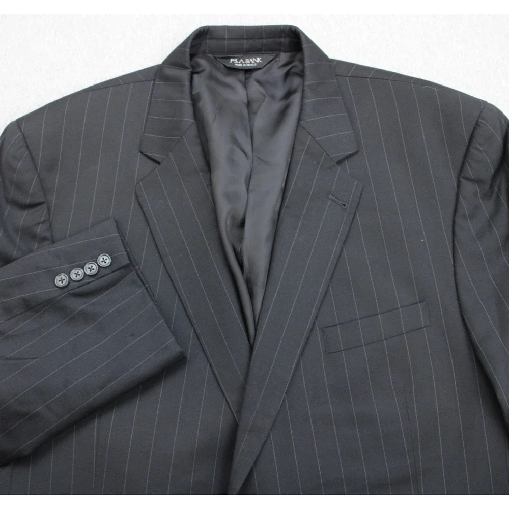 Jos A Bank Suit Mens 48L Black Pinstripe 100% Wool Pants Cuffed Pleated 38 x 30